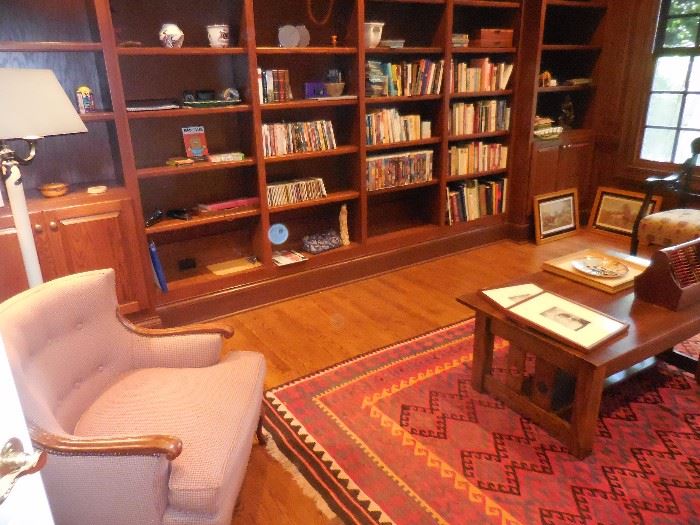 Library. Woven Rug. Vintage Oak Mission Style Coffee Table