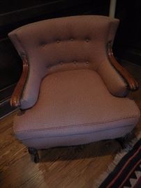 Relaxed, Tufted Back, Arm Chair. Mahogany Frame. Ralph Lauren Fabric. Purchased at Britt Carter Lake Forest