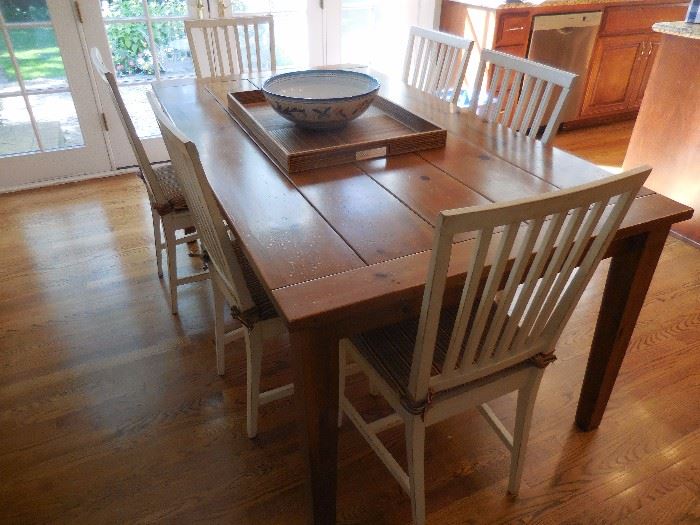 Restoration Hardware, Knotty Pine Farm Table. White Slat Back Side Chairs (6)