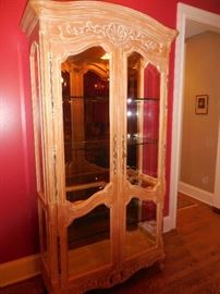 Century Furniture, Hand Carved, Shabby Chic French Curio/Lighted Cabinet, Glass Shelves GORGEOUS!