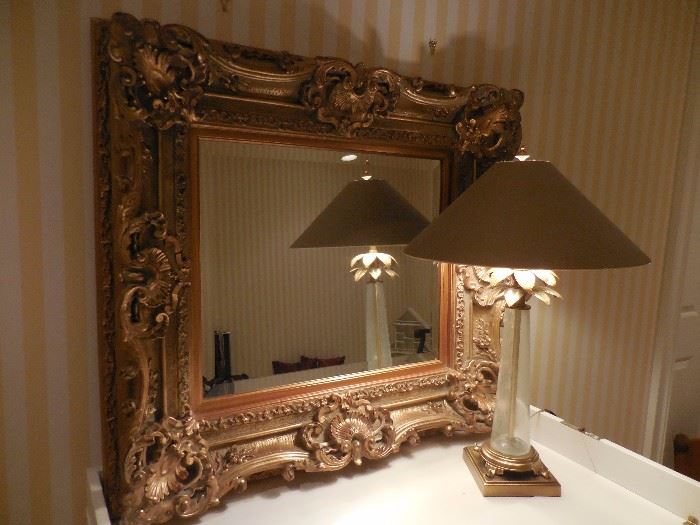 Antique Ornate Beveled Mirror. Fredrick Cooper Table Lamp.