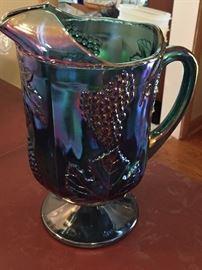 Vintage Blue Carnival glass pitcher.