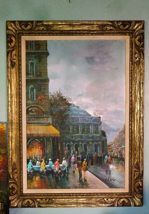 Oil Painting depicting European Street Scene.  Signature illegible.