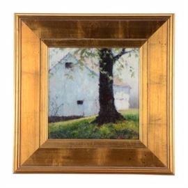 Carolyn Muller Original 2007 Oil on Canvas "Forgotten": An original 2007 oil painting on canvas by Cincinnati-based artist Carolyn Muller, titled Forgotten. The image depicts the inky silhouette of a mature tree in the foreground, slightly more in-focus than a dilapidated white barn in the distance. Artist signature is signed in paint to the lower right. This painting is mounted within a wooden plein air frame with a brushed gilt finish, equipped to hang. A submission tag for the Cincinnati Art Club’s call to entries for a show titled Paul Ashbrook & Friends is attached to the verso, containing basic information about the piece.