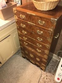 ORIENTAL WOOD BURL AND BRASS HARDWARE CHEST- 20" WIDTH X 14" DEPTH X 38" HEIGHT