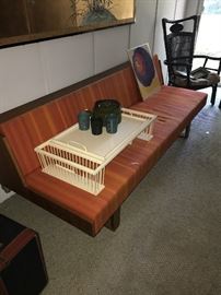 MID-CENTURY MODERN DANISH HJORRING SOFA SYSTEM TEAK WOOD AND BRIGHT STRIPE ORANGE RED FABRIC- 79" WIDTH X 32.5" DEPTH X 29.5" HEIGHT