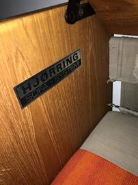 MID-CENTURY MODERN DANISH HJORRING SOFA SYSTEM TEAK WOOD AND BRIGHT STRIPE ORANGE RED FABRIC- 79" WIDTH X 32.5" DEPTH X 29.5" HEIGHT