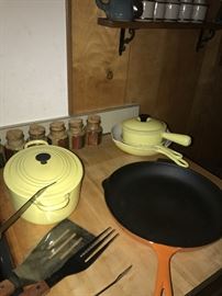 VINTAGE LE CREUSET YELLOW POTS AND SKILLETS