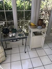 METAL AND GLASS SIDE TABLE AND SMALL WHITE WOODEN CABINET