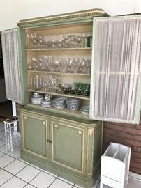 VINTAGE GREEN CHINA CABINET- 48.5" WIDTH X 17.5" DEPTH X 81" HEIGHT