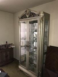 PEWTER TALL WOODEN LIGHTED CURIO DISPLAY CABINET- 42" WIDTH X 16.25" DEPTH X 87" HEIGHT