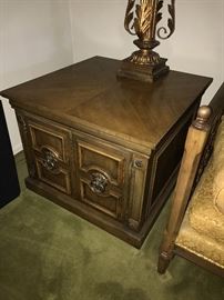 VINTAGE WOODEN SIDE TABLE WITH LION HEAD PULLS -28” WIDTH X 22” HEIGHT X 28”DEPTH