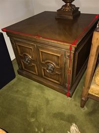 VINTAGE WOODEN SIDE TABLE WITH LION HEAD PULLS -28” WIDTH X 22” HEIGHT X 28”DEPTH