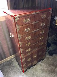ORIENTAL WOOD BURL AND BRASS HARDWARE CHEST- 20" WIDTH X 14" DEPTH X 38" HEIGHT
