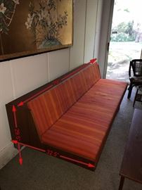 MID-CENTURY MODERN DANISH HJORRING SOFA SYSTEM TEAK WOOD AND BRIGHT STRIPE ORANGE RED FABRIC- 79" WIDTH X 32.5" DEPTH X 29.5" HEIGHT