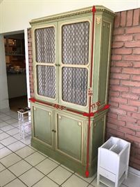 VINTAGE GREEN CHINA CABINET- 48.5" WIDTH X 17.5" DEPTH X 81" HEIGHT