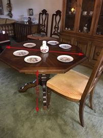 HEXAGON SHAPE SOLID WOOD DINING TABLE WITH TWO 20"LEAVES, 6 CHAIRS AND TABLE COVERS-44" DIAMETER X 28.5" TALL