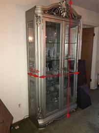 PEWTER TALL WOODEN LIGHTED CURIO DISPLAY CABINET- 42" WIDTH X 16.25" DEPTH X 87" HEIGHT