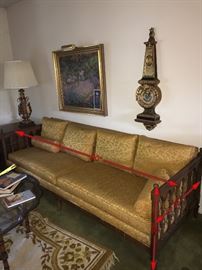 ANTIQUE WOOD FRAME AND MUSTARD FABRIC SOFA COUCH-NEEDS TO BE REUPHOLSTERED- -90” WIDTH X 29” HEIGHT X 33”DEPTH