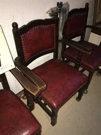 VINTAGE WOOD AND LEATHER ARM CHAIRS