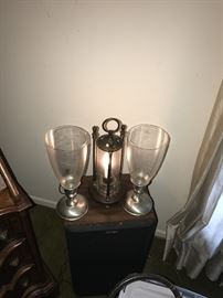 CANDLE HOLDERS AND ANTIQUE LAMP