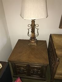VINTAGE WOODEN SIDE TABLE WITH LION HEAD PULLS -28” WIDTH X 22” HEIGHT X 28”DEPTH