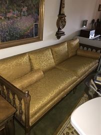 ANTIQUE WOOD FRAME AND MUSTARD FABRIC SOFA COUCH-NEEDS TO BE REUPHOLSTERED- -90” WIDTH X 29” HEIGHT X 33”DEPTH