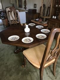 HEXAGON SHAPE SOLID WOOD DINING TABLE WITH TWO 20"LEAVES, 6 CHAIRS AND TABLE COVERS-44" DIAMETER X 28.5" TALL