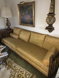 ANTIQUE WOOD FRAME AND MUSTARD FABRIC SOFA COUCH-NEEDS TO BE REUPHOLSTERED- -90” WIDTH X 29” HEIGHT X 33”DEPTH