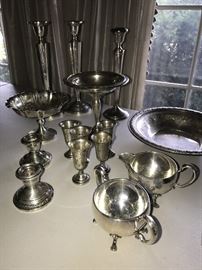 STERLING SILVER FOOTED BOWLS, CANDLE HOLDERS, SHOT GLASSES, CREAM AND SUGAR BOWLS