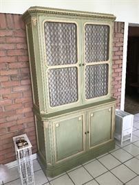 VINTAGE GREEN CHINA CABINET- 48.5" WIDTH X 17.5" DEPTH X 81" HEIGHT