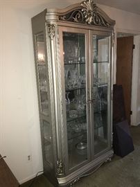 PEWTER TALL WOODEN LIGHTED CURIO DISPLAY CABINET- 42" WIDTH X 16.25" DEPTH X 87" HEIGHT