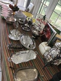 SILVER-PLATED TRAYS, BOWLS, COFFEE POTS