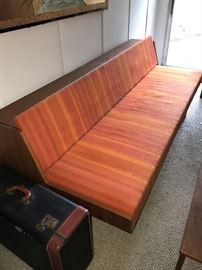 MID-CENTURY MODERN DANISH HJORRING SOFA SYSTEM TEAK WOOD AND BRIGHT STRIPE ORANGE RED FABRIC- 79" WIDTH X 32.5" DEPTH X 29.5" HEIGHT