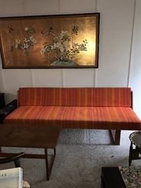 MID-CENTURY MODERN DANISH HJORRING SOFA SYSTEM TEAK WOOD AND BRIGHT STRIPE ORANGE RED FABRIC- 79" WIDTH X 32.5" DEPTH X 29.5" HEIGHT