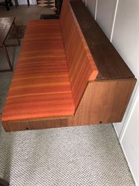 MID-CENTURY MODERN DANISH HJORRING SOFA SYSTEM TEAK WOOD AND BRIGHT STRIPE ORANGE RED FABRIC- 79" WIDTH X 32.5" DEPTH X 29.5" HEIGHT