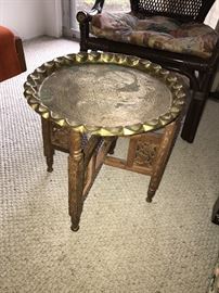 SMALL VINTAGE WOODEN BOTTOM BRASS TOP TABLE
