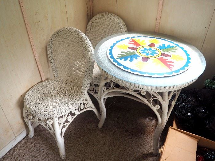 Wicker Bistro Set, Glass Top And Two Chairs