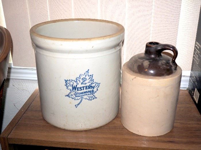 Western #2 Stoneware Crock, 9.5"H And Stoneware Unmarked Jug, 8.5"H