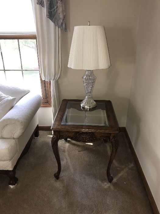 ORNATE WOOD AND GLASS SIDE TABLE