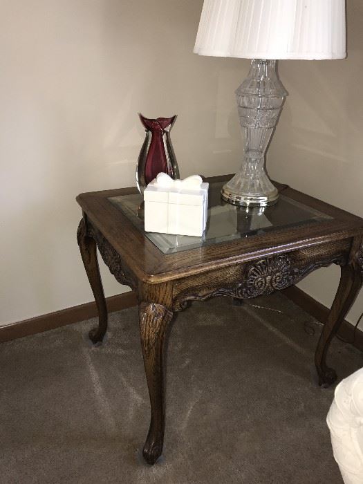 ORNATE WOOD AND GLASS SIDE TABLE