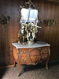  French Marble Topped Commode, with Inlay and Brass Decorative Scrolls                                                               