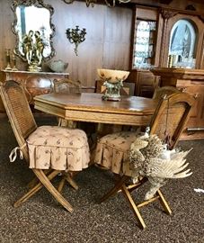 Four Folding Canned Chairs with Pheasant Fabric             Octagon Oak Table