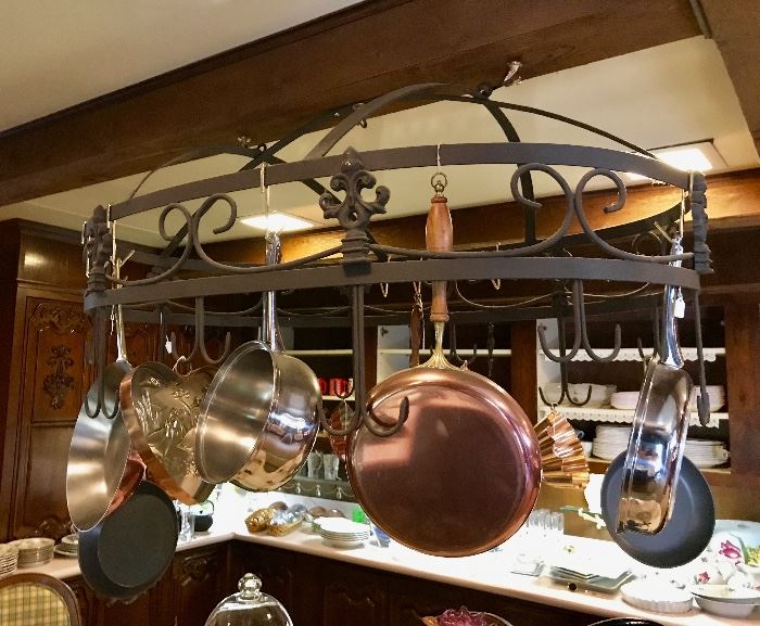 Oval Hanging Pot Rack along with Copper Cookware