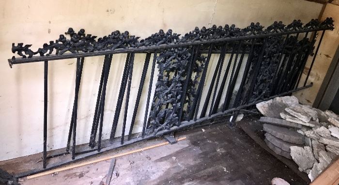 Wrought Iron (Oak Leaf and Acorn) Railings in Multiple Lengths and Gate with Brass Finials (Approximate Lengths Nine Feet)