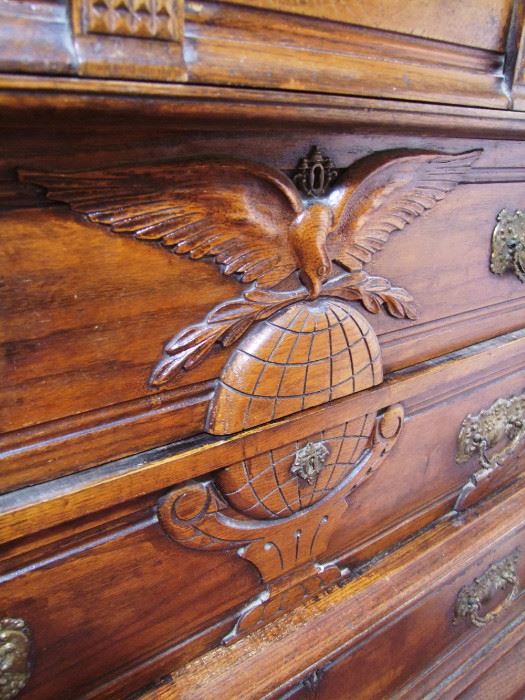 C/1897 Oak tall Chest w/unique Eagle on World central carving (Spanish American War Symbol)