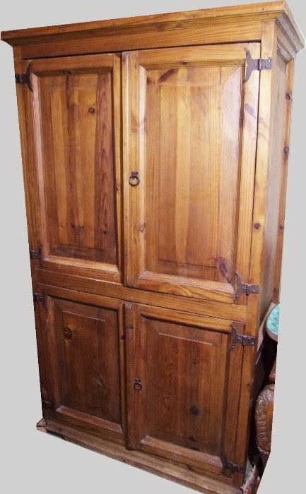 French Provincial antique style lg. Pine 4 door cupboard w/raised panels and forged hardware, 69 1/2"h. x 42"w.x 24" d. 