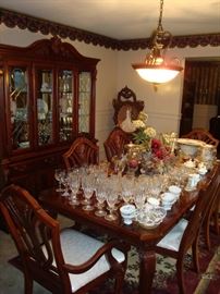 Beautiful Dining Room Table (84x41) w/ (6) Chairs (plastic covers still on upholstered seats), Dining Room Hutch (88Hx63Lx16D)  LOOKS BRAND NEW!