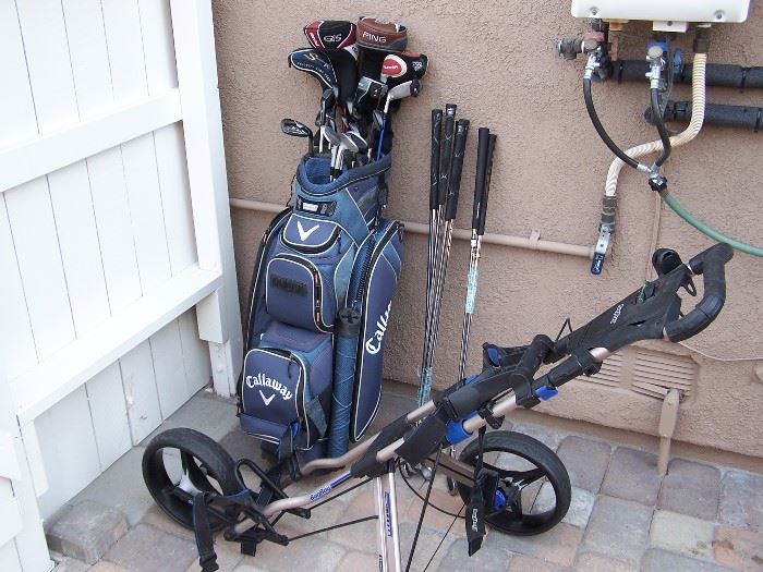 One full set of clubs, extra Ping drivers, spare clubs/practice clubs, case and walking car.  All pristine and clean. Buy them all and use them for trade in on a new set for yourself!