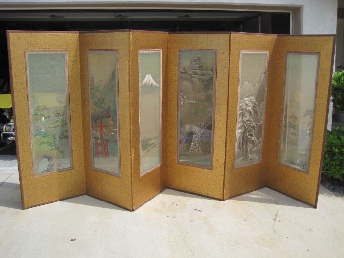 Very old asian art screen. Outer two panels with some damage, but can easily be removed to make a perfect 4 panel screen